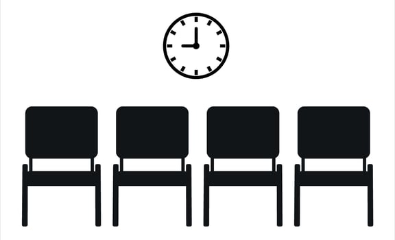 Waiting room scene with four chairs and clock vector