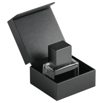 Minimalist black gift box with matte texture and perfume bottle inside isolated on transparency background png