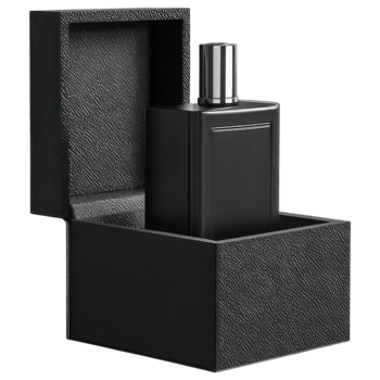 Minimalist black gift box with matte texture and perfume bottle inside, elegant design. isolated on transparency background png