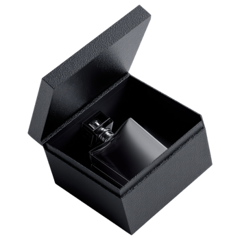 Minimalist black gift box with matte texture and open lid, showcasing sleek bottle inside. isolated on transparency background png