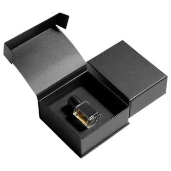 Minimalist black gift box with matte texture and open lid, showcasing perfume bottle isolated on transparency background png