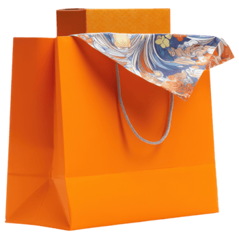 Bright orange shopping bag with decorative box peeking out, showcasing elegance and style. isolated on transparency background png