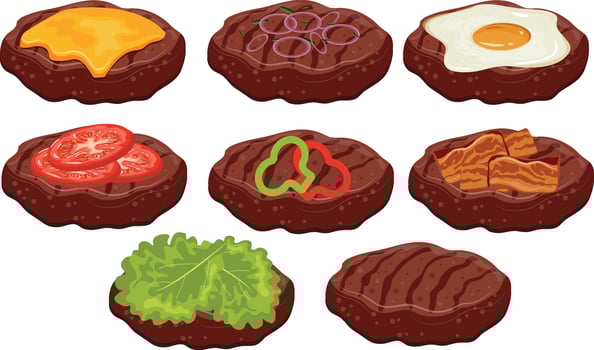 set of icons of grilled meat burger patties with various ingredients on top, for international hamburger day vector