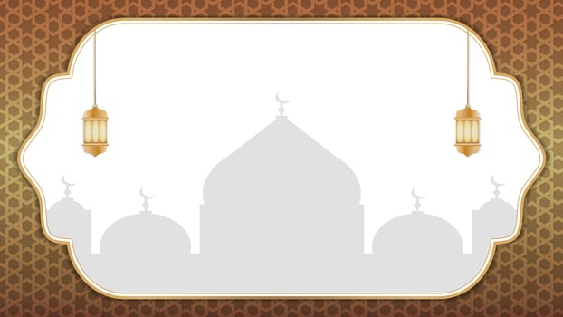 Golden Islamic Ramadan Kareem Background with Mosque Silhouette and Hanging Lanterns vector