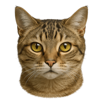 Realistic Tabby Cat Head with Yellow Eyes Isolated on Transparent Background, png