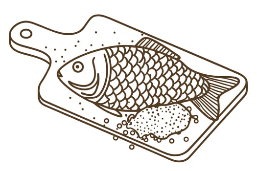 illustration of fish on cutting board with seasoning culinary art, seafood preparation, cooking essentials vector