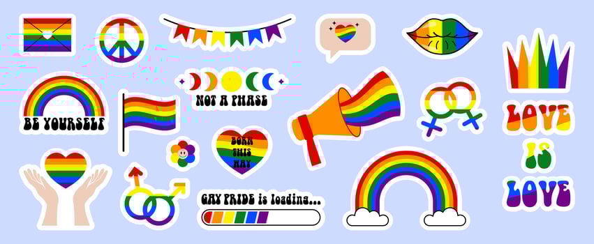 LGBT stickers set on blue background. Pride month badges. illustrations vector