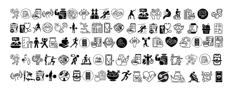 Mega icon collection of Fitness, Nutrition, Gym, Plans, Healthy Food and Health Tracking Apps icon set collection design. vector