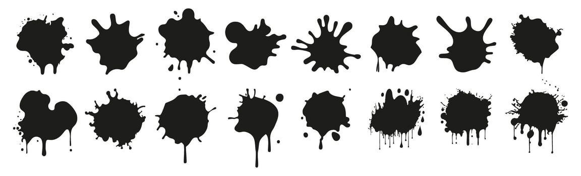 Set of black ink splatter shapes in various drip and splash patterns vector