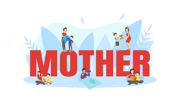 Mother Big Word with Tiny Parents and Children Spending Time Together Illustration vector