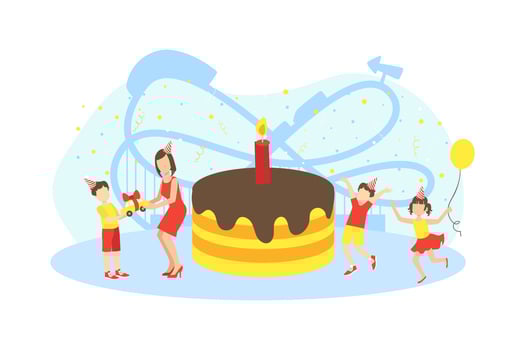 Birthday Party, Tiny Mother and Happy Kids with Huge Festive Cake Illustration vector
