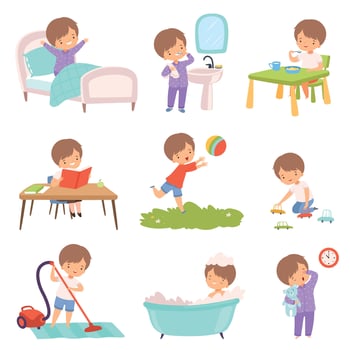 Preschool Kid Daily Routine Activities Set, Cute Boy Waking Up, Brushing Teeth, Eating Breakfast, Reading Book, Playing Toys, Vaccuuming the Floor, Taking Bath Cartoon Illustration vector
