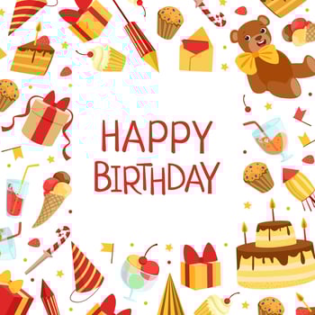 Happy Birthday Banner Template with Symbols of Holiday, Poster, Invitation Card Illustration vector