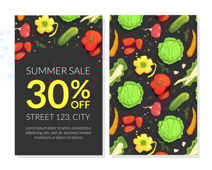 Summer Sale Special Offer Card Template with Healthy Organic Vegetables Seamless Pattern, Flyer, Menu, Coupon, Banner Illustration vector