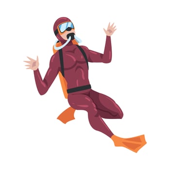 Professional Diver in Wetsuit, Mask, Flippers and Breathing Equipment Swimming Underwater, Summer Water Sport, Extreme Hobby Cartoon Style Illustration vector