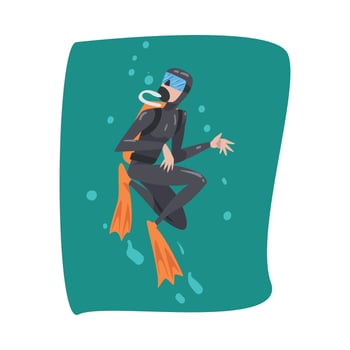 Professional Underwater Scuba Diver, Male Diver in Wetsuit, Snorkel, Mask and Flippers Swimming in the Sea, Extreme Water Sport Cartoon Style Illustration vector