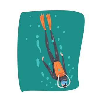 Professional Diver in Wetsuit, Mask, Flippers and Breathing Equipment Swimming Underwater, Extreme Water Sport Cartoon Style Illustration vector