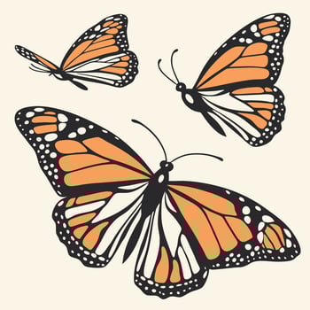 An eye-level perspective of monarch butterflies flitting across the frame, showcasing their striking orange and black wing vector