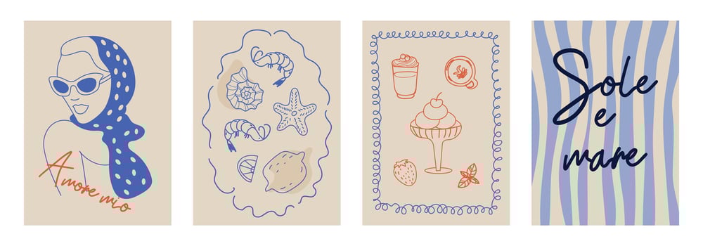 Set of hand drawn vintage posters in dolce vita style. Illustration of italian style hand drawn posters. Lunch, breakfast, dinner concept. Illustration for invitations, menus design. vector