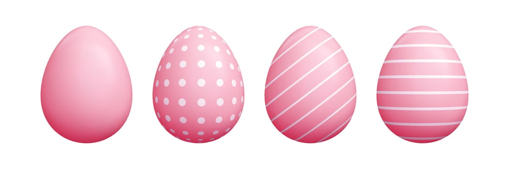 Easter egg 3d cartoon set - pink oval shapes solid colors, decorated diagonal striped lines, polka dots patterns. vector