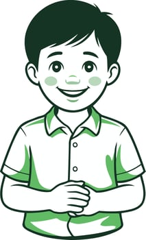 Cute cartoon boy smiling with hands clasped, wearing a green shirt, Smiling Boy Avatar Illustration, children's content, and branding. vector
