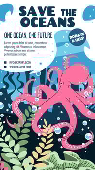 World Oceans Day Story Template Featuring a Octopus in Flat Design Style. Perfect for Social Media Stories to Promote Ocean Conservation. Vertical Illustration for Eco Awareness Campaigns. vector