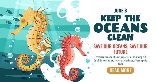 World Oceans Day Horizontal Banner with Seahorses and Coral Reef for Marine Conservation. Ideal for Eco Campaigns and Environmental Awareness Projects. Illustration. vector