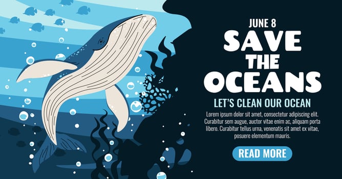 World Oceans Day Horizontal Banner. Majestic Whale and Coral Reefs. Protect Our Marine Giants. Conservation Design for Websites, Social Media and Print. vector
