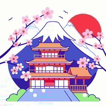 Mount Fuji Temple Cherry Blossoms Art vector