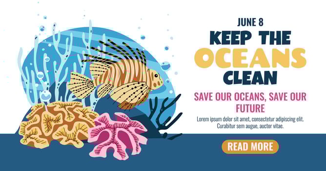 World Oceans Day horizontal banner with lionfish, coral and seaweed. Marine conservation theme for eco campaigns social media posters and educational materials. Colorful underwater art. vector