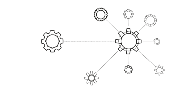 Black contours of white cogwheels of different types are connected to each other by broken lines on a transparent layer png