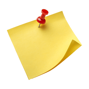 A blank yellow sticky post note with a red pushpin sticks to a board as a reminder memo png
