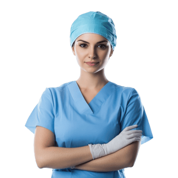 Young female medical professional in blue scrubs and a cap, standing with arms crossed and wearing gloves, isolated on a transparent background png