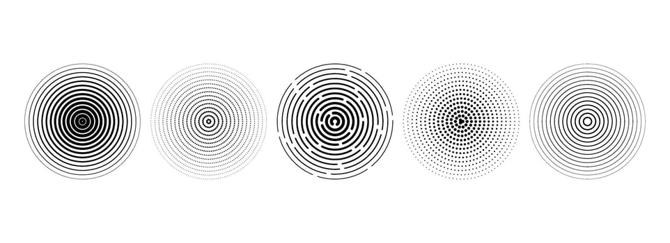 Black linear concentric circle set. Dotted and dashed round sound wave collection. Epicenter, target, radar, sonar icon concept. Halftone radial radio signal or vibration element pack. vector