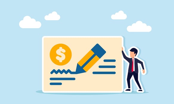 Businessman standing next to paper with dollar sign and a note with a pencil, illustration of recording business financial expenses vector