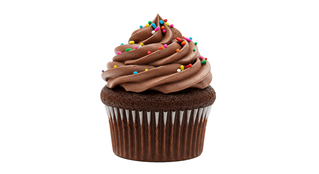 A delectable chocolate cupcake showcases a swirl of smooth frosting and colorful sprinkles on top png