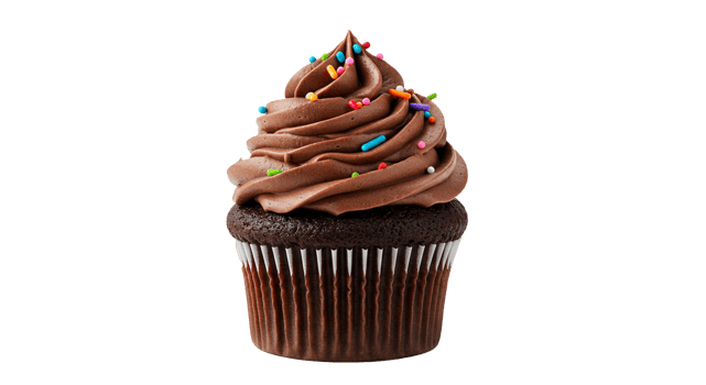 Delicious-looking chocolate cupcake with colorful sprinkles, shown against a transparent background. png