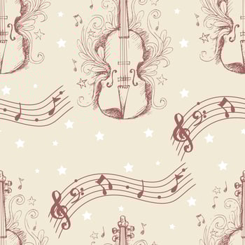 Hand-drawn musical violin pattern with notes and stars vector