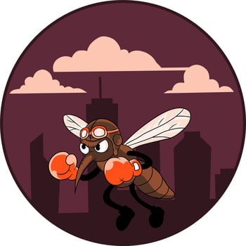 Cartoon mosquito fighter in a neglected city symbolizes the threat of Dengue Fever, emphasizing the need for environmental awareness and disease prevention. vector