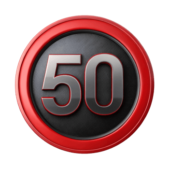Stylized speed limit sign featuring the number 50 in a bold, modern design with a red and black color scheme. png