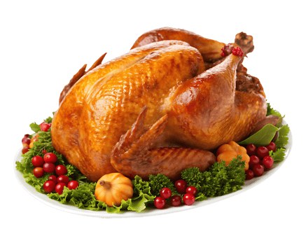 Delicious roasted turkey garnished with cranberries and herbs. png