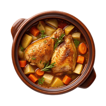 Delicious chicken stew with potatoes and carrots in a rustic pot. png