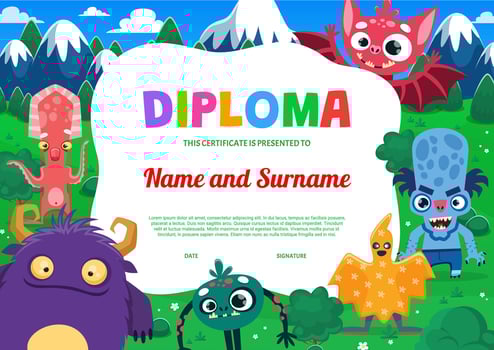 Kids diploma with funny cartoon monster characters vector