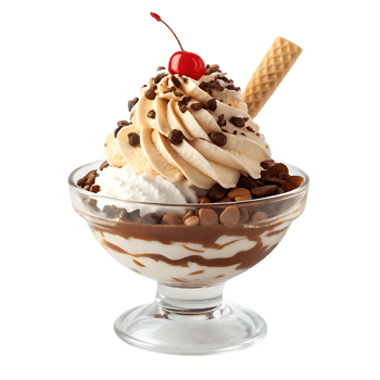 Delicious sundae with chocolate sauce, nuts, and whipped cream. png