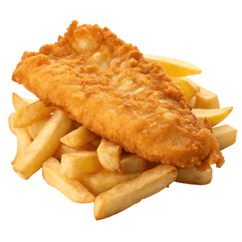 Crispy fried fish and chips, classic British dish. png