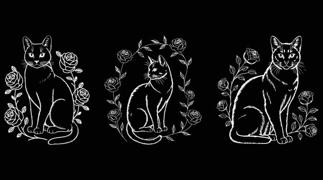 Elegant Black and White Cat Line Art with Roses Floral Feline Tattoo Style Illustration. vector