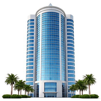 Modern high rise building with palm trees. png
