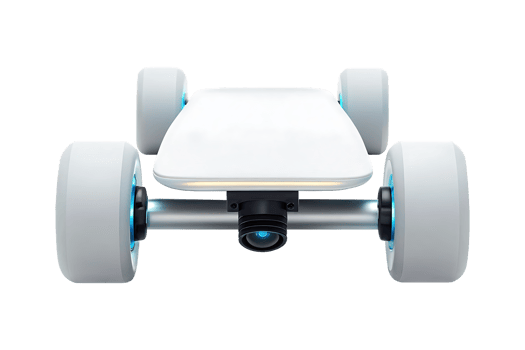 White electric skateboard with four wheels and a camera. png