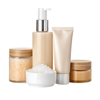 Luxury skincare set with lotion, cream, and bath salts. png