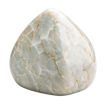 Close up of a polished white stone with gold veins. png